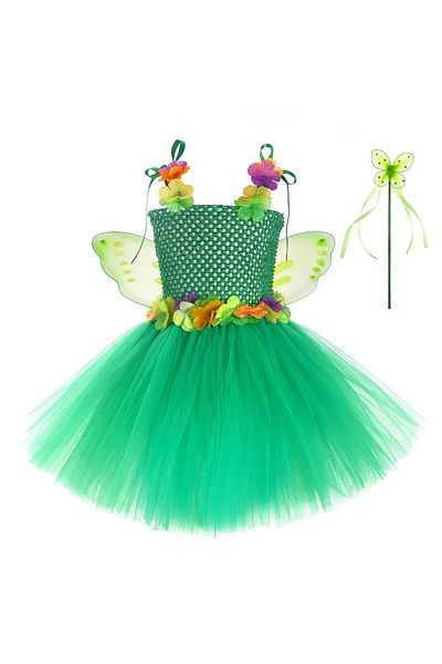 EvrikaUnity Rochita Fluture cu Flori pentru fete, Set cu aripi si bagheta, Tesatura fina, 7-8 ani, 150 cm, Verde