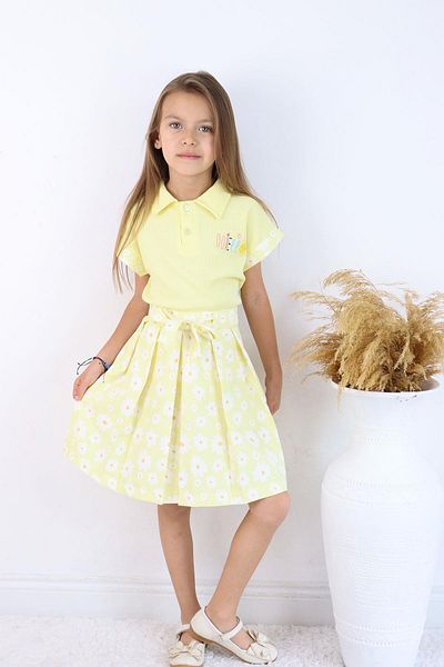 Çocuksan Baby&Kids Wear Girl's 2-Piece Set Summer Polo Neck Top Floral Yellow Skirt Stylish Casual Combination