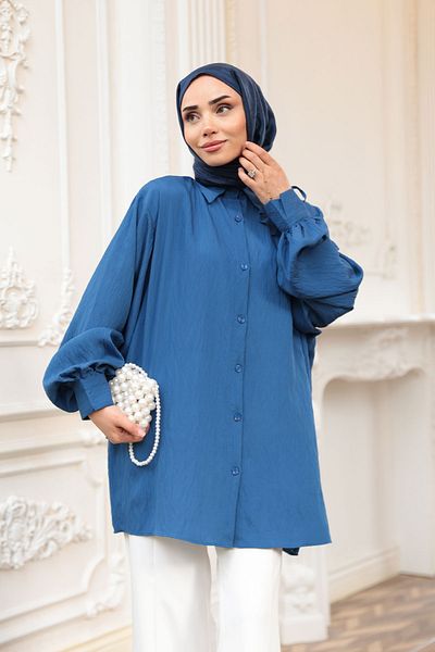 LOCCO Γυναικείο πουκάμισο με μανίκια Navy Blue