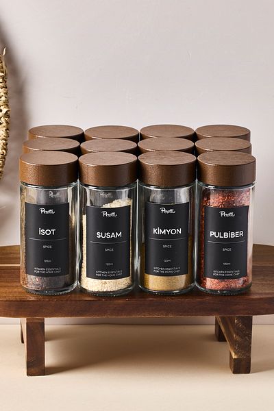 Perotti Raul Woody 12-Piece Minimal Acacia Lid Spice Rack Set 120ml-30 Pcs. Black-White Label Gift