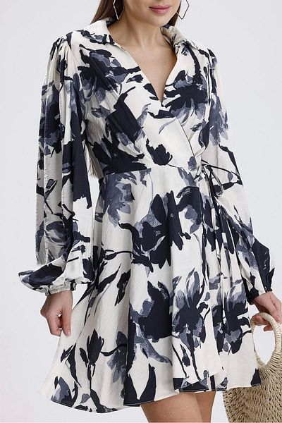 GIDY Front Tie Double Breasted Collar Printed Dress - Black