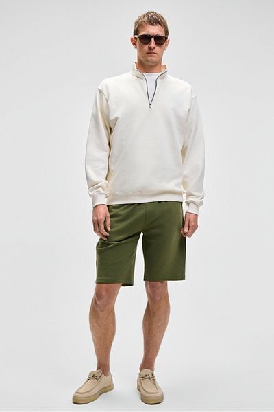 GRIMELANGE Nestor Men's Relaxed Fit Stand Collar Half Zipper Long Sleeve Ecru Sweatshirt