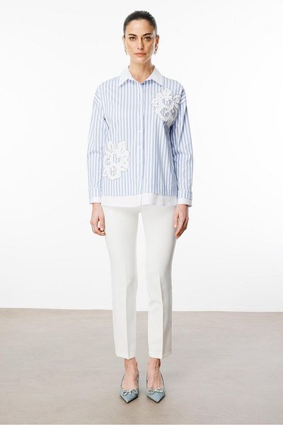 Moda İlgi Modailgi Plain Fabric Garnish Embroidery Applique and Pearl Detail Shirt Blue