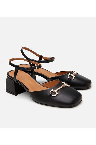 Hotiç Women's Leather Black Buckle Open Back Heeled Shoes