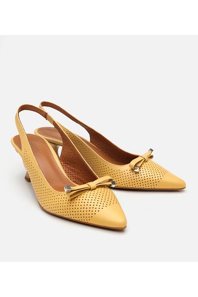 Hotiç Women's Leather Yellow Open Back Heeled Shoes