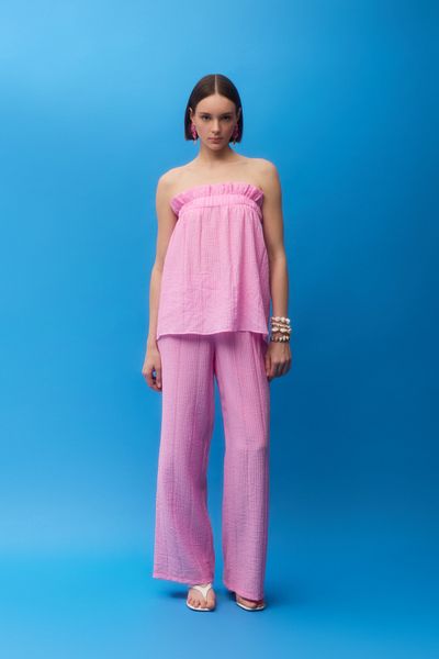 Quzu Wide Leg Trousers - Pink Seersucker Fabric