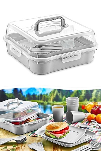 Tilbe Home Picnic Set for 6 People - Picnic Set with Bag 25 Piece Picnic Organizer Camping Gray Picnic Set
