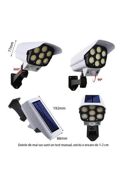 MACVI Lampa Solara Tip Camera Falsa Macvi® cu Senzor Miscare si 77 LED-uri, Panou Solar, Telecomanda, IP65