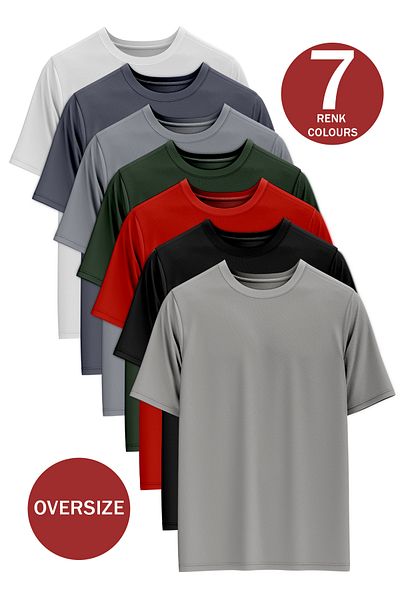 OXVİN Women's Oversize Black White Khaki Red Stone Smoked Gray 100% Cotton Crew Neck Pack of 7 T-Shirts