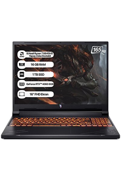 ACER Nitro V16 NH.QRUEY.005 Amd R7 8845hs 16gb 1tb Ssd Rtx4060-8gb Dos 16" Wuxga 165hz Notebook
