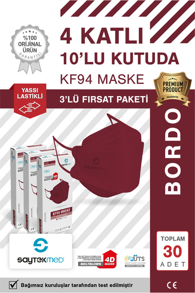 SAYTEKMED KF94 Kore Tipi, 4 katlı, BORDO Maske, Tekli Paket, UV Steril (3 Kutu/ 30 Adet)