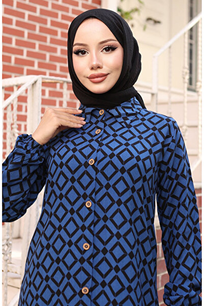 sefamerve Viskon Kumaş Boydan Düğmeli Uzun Tunik 0071-02 Saks