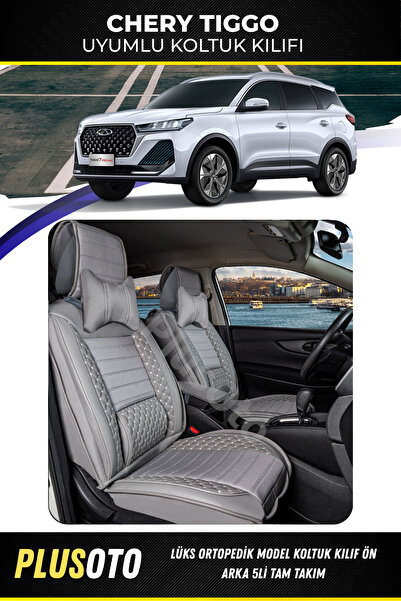 PlusOto مجموعة أغطية مقاعد السيارة باللون الرمادي المتوافقة مع Chery Tiggo Pl...