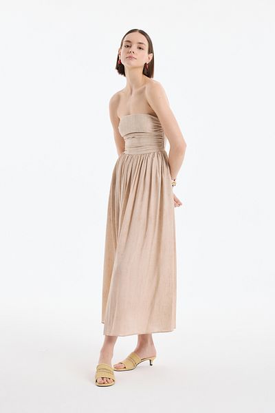 Quzu Rochie midi plisată fără bretele cu drapaj Bej
