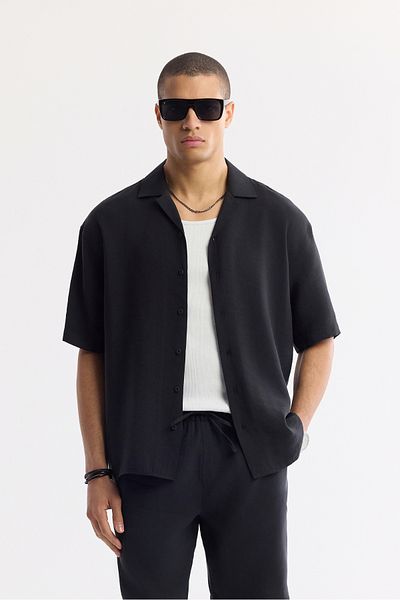 Avva Men's Black Oversize Fit Apaj Collar Modal Blended Short Sleeve Shirt A51Y2006