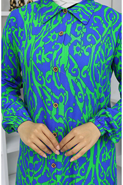 sefamerve Viskon Kumaş Boydan Düğmeli Desenli Tunik 0072-01 Saks Yeşil