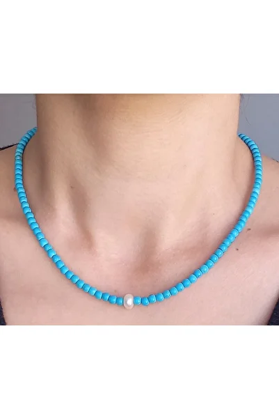 BNGaksesuar Turquoise Natural Stone Necklace and Bracelet with Real Pearl