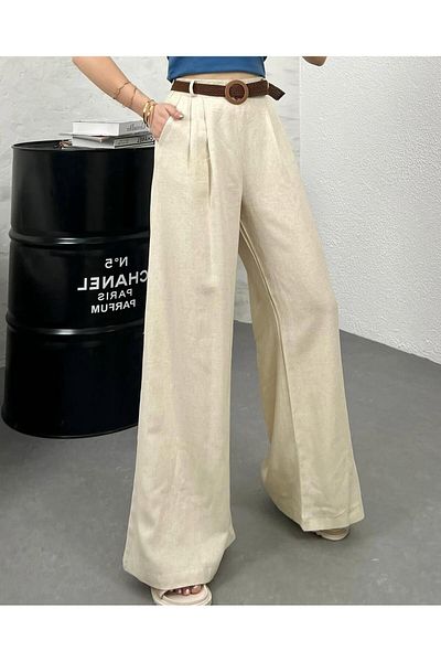 FEMİNEER.com Beige Linen Palazzo Pants