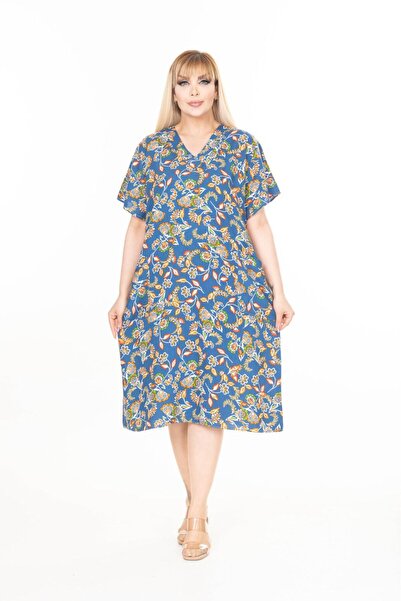 mervemoda Γυναικείο φόρεμα με κοντό μανίκι καλοκαιρινό υφαντό φόρεμα μεγάλου μεγέθους