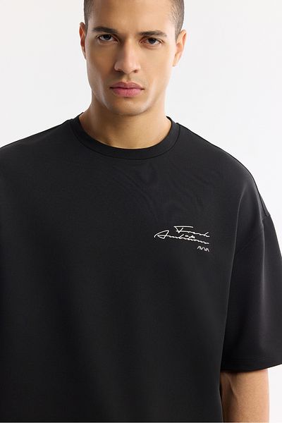 Avva Men's Black Crew Neck Oversize Chest Print Detailed 2'İplik T-Shirt A51Y1095