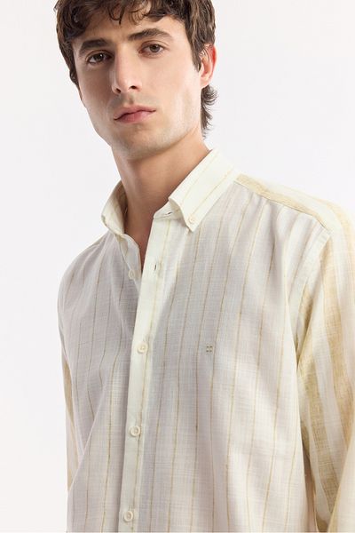 Avva Men's Beige Comfort Fit Button Collar Striped Long Sleeve Shirt A51Y2035