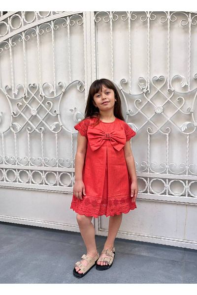 HÇ Hülya Çelik KİDSWEAR 2018 Girl's Pomegranate Flower Cotton Linen Dress