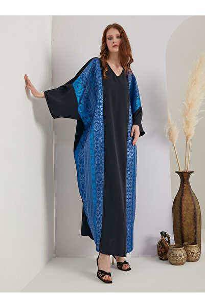 Store Wf V Yaka Jakarlı Lacivert Kaftan Elbise