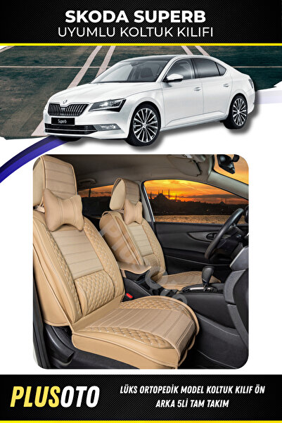 PlusOto مجموعة غطاء مقعد السيارة باللون البيج المتوافق مع سلسلة سكودا سوبيرب ...