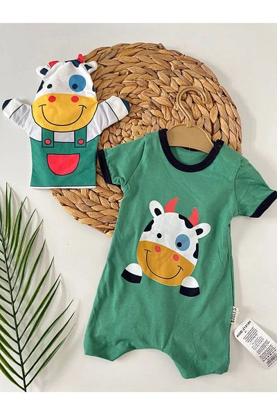 baume clothes Cow Animal Printed Cool Green Baby Jumpsuit (with Puppet Gift)