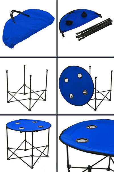 Exent Yuvarlak Katlanır Kamp Masası, Taşıma çantalı kamp masası, Piknik masası-MAVİ-71x71x60