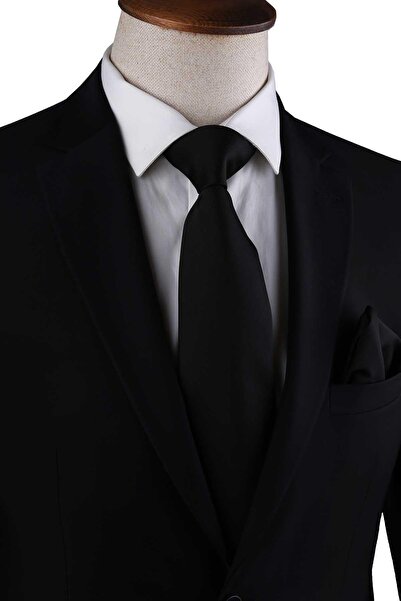 Kravatkolik Black Reps Textured Classic Tie with Plain Handkerchief Kk13174