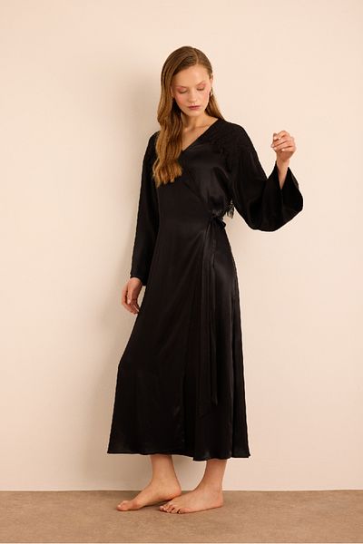 Aker Viscon Dressing Gown with Lace Detail on Shoulders and Back