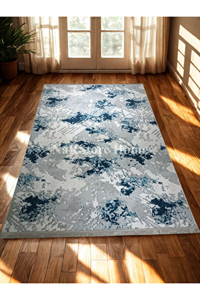 NaRStore Home Gri Mavi Saçaklı Kaymaz Taban Yıkanabilir Kesme Yolluk Halı