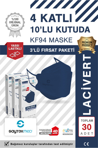 SAYTEKMED KF94 Kore Tipi, 4 katlı, LACİVERT Maske, Tekli Paket, UV Steril (3 ...