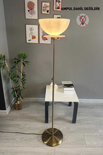 Bamyum Cam Beyaz Düz İnce Gövde Lambader Modern Oturma Odası