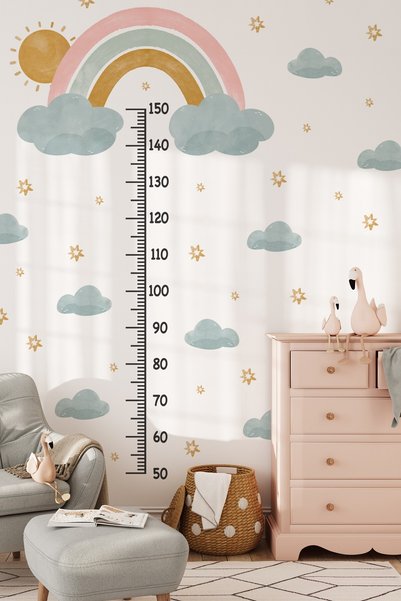MSticker Rainbow Sun Cloud and Stars Themed Height Meter Height Chart Sticker Set in Soft Colors Children