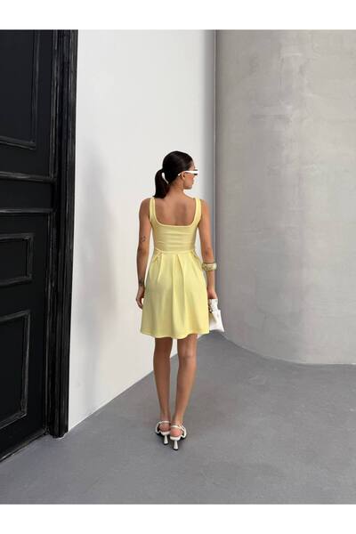 SHEYMA Kadın Kare Yaka Sarı Mini Elbise
