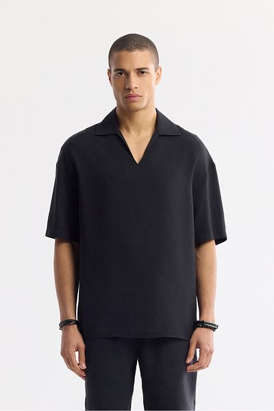 Avva Men's Black Polo Neck Modal Blended Short Sleeve Shirt A51Y2140