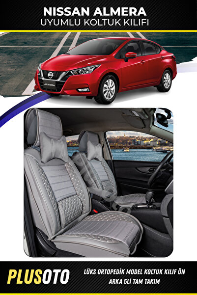 PlusOto مجموعة غطاء مقعد السيارة باللون الرمادي المتوافق مع سلسلة Nissan Alme...