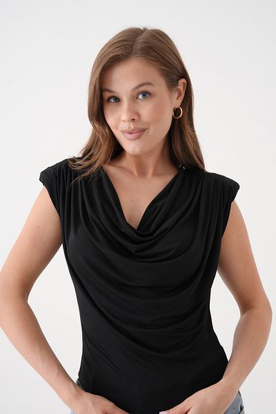 barış sülün lovebox Women's Black Sandy Fabric Draped Collar Padding Detailed Tank Top 8113
