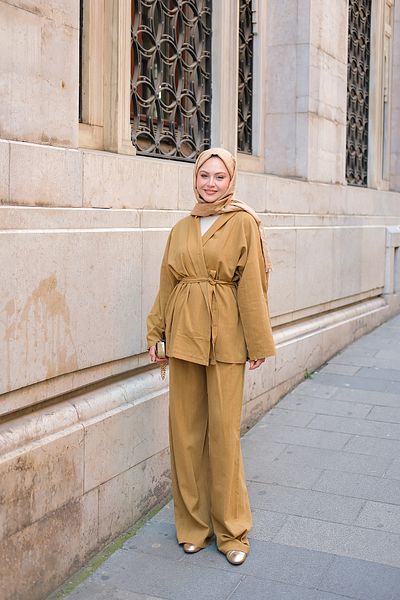 LOCCO Women's Double Breasted Collar Linen Suit Oil Green