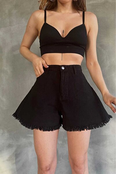 Zeliza Moda Evi Geniş Paça Püsküllü Denim Kadın Mini Şort