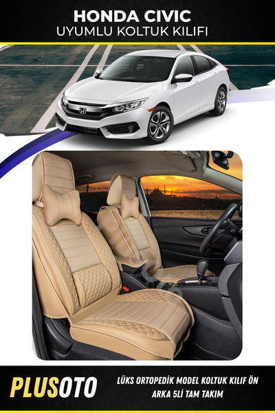 PlusOto مجموعة أغطية مقاعد السيارة باللون البيج المتوافقة مع سلسلة Honda Civi...