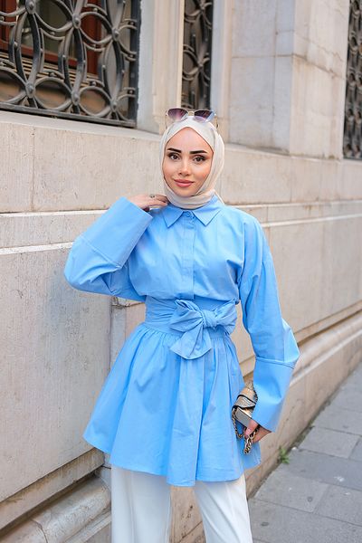 LOCCO Cămașă lungă cu curea de damă albastră