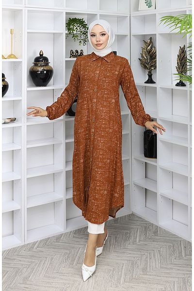 sefamerve Viscose Fabric Buttoned Long Tunic 0070-01 Tan