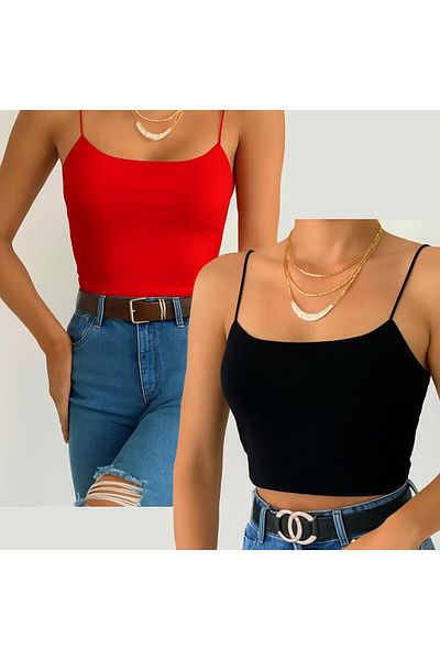 ŞİNDO GİYİM Lined Crop Bustier Blouse with Rope Straps Black and Red Set of Two