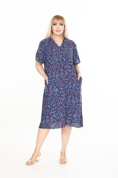 mervemoda Women's Large Size Summer Woven Short Sleeve Short Length Dress Dress