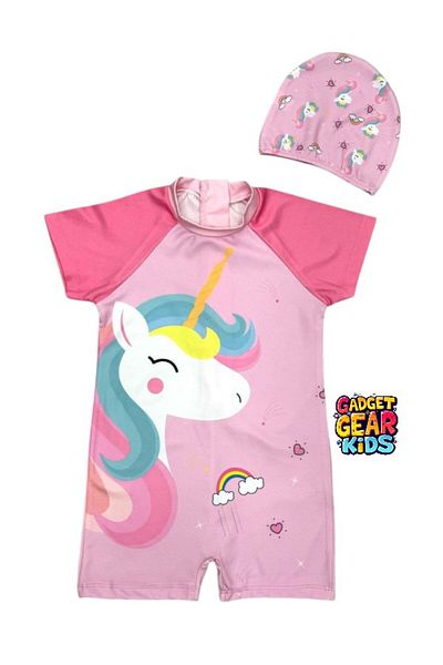 Gadget Gear Short Sleeve Girls Swimsuit with Bonnet Print Detail
