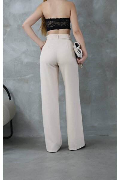 More Krem rengi kemerli palazzo pantolon