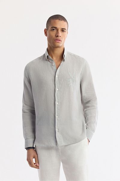 Avva Men's Gray Bottomed Brit Collar 100% Linen Long Sleeve Shirt with Embroidery Detail A51Y2145